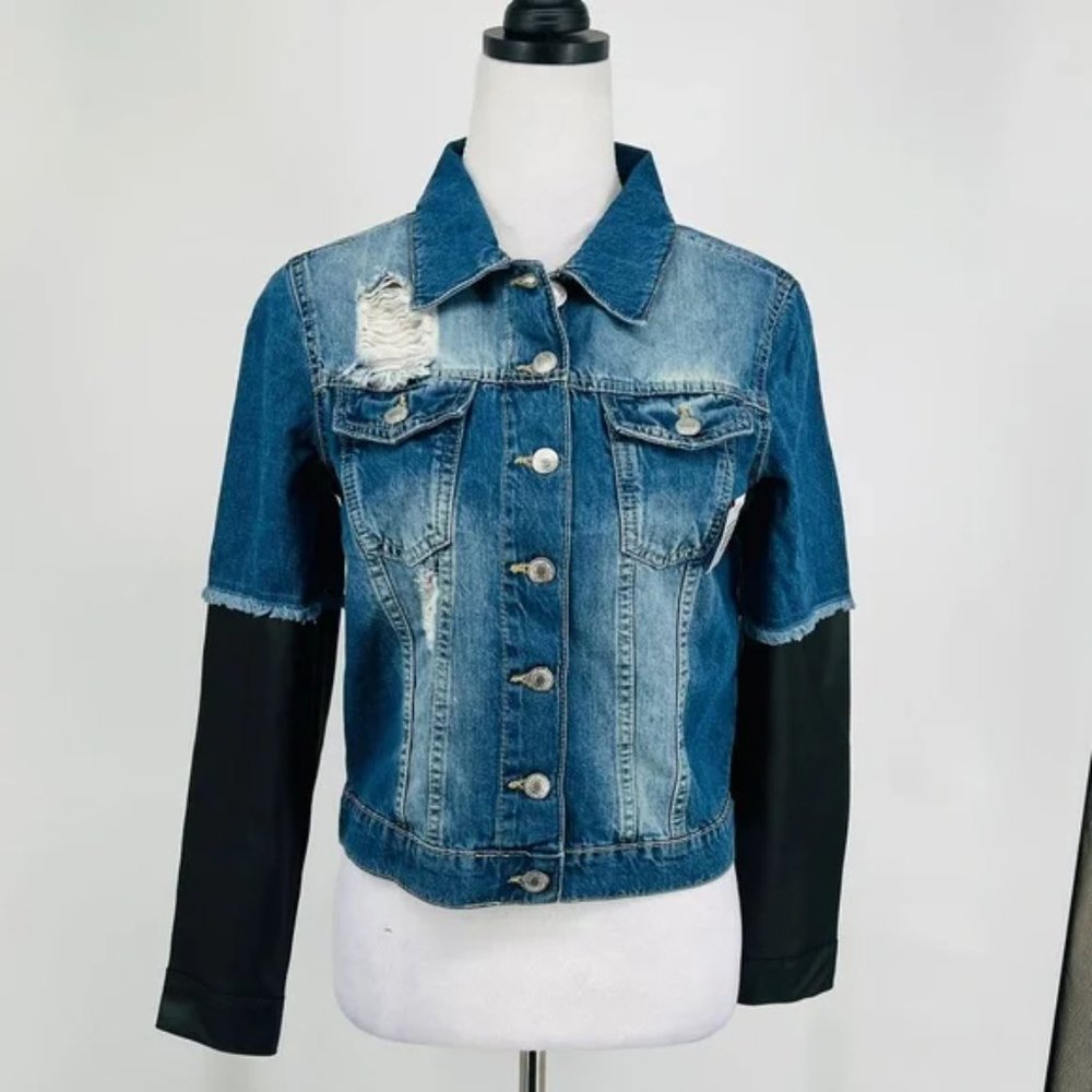 Blue Distressed Denim Jeans Jacket with Long Vegan Leather Faux Leather Sleeves - Picture 7 of 13